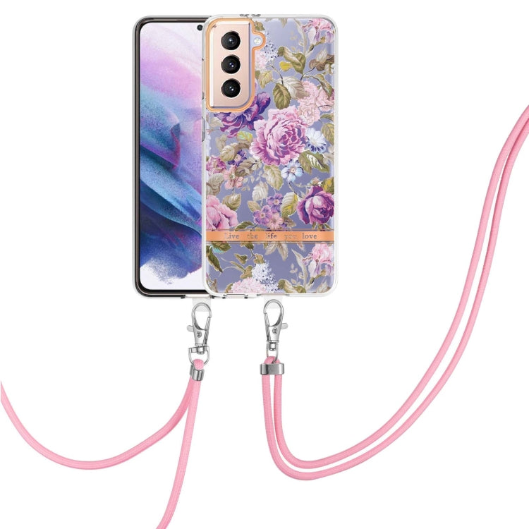 For Samsung Galaxy S21+ 5G Flowers Series TPU Phone Case with Lanyard