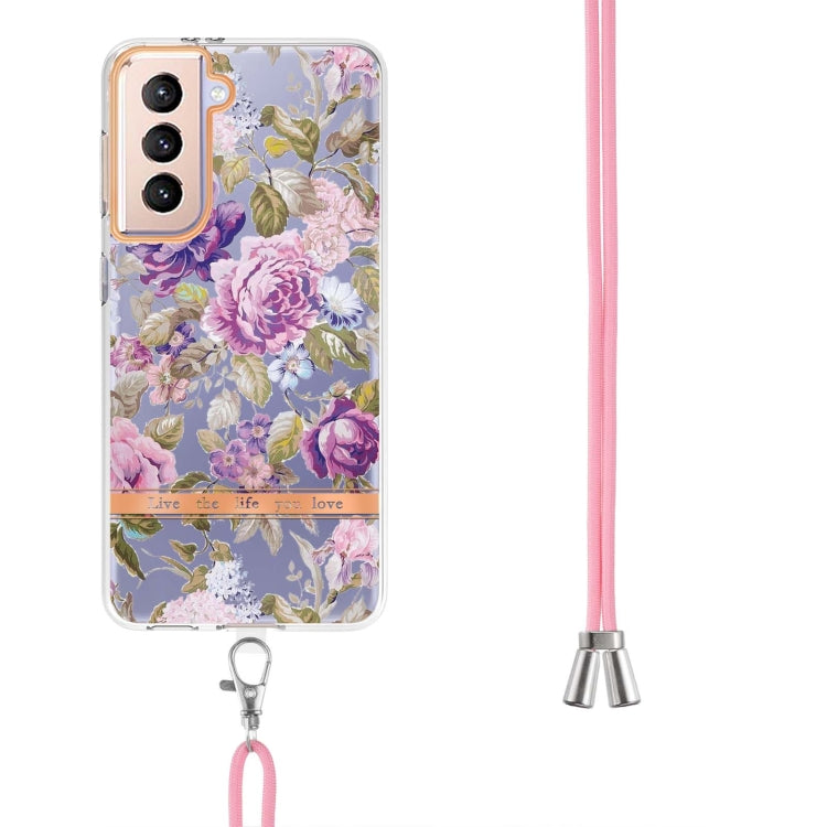 For Samsung Galaxy S21+ 5G Flowers Series TPU Phone Case with Lanyard