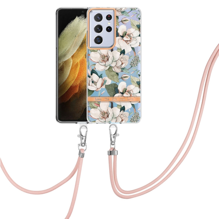 For Samsung Galaxy S21 Ultra 5G Flowers Series TPU Phone Case with Lanyard
