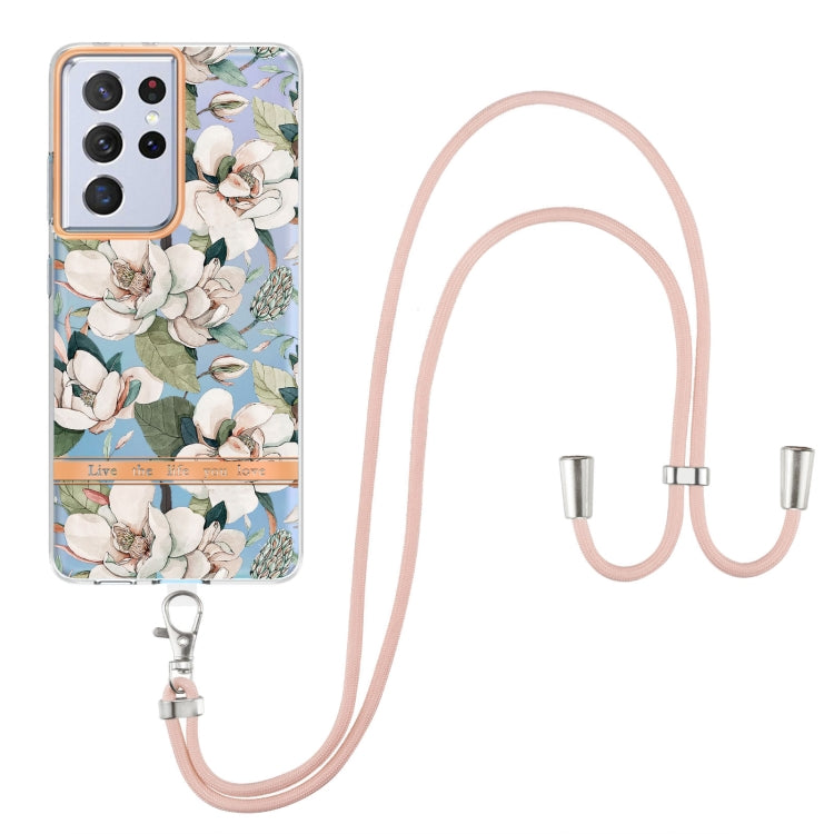 For Samsung Galaxy S21 Ultra 5G Flowers Series TPU Phone Case with Lanyard