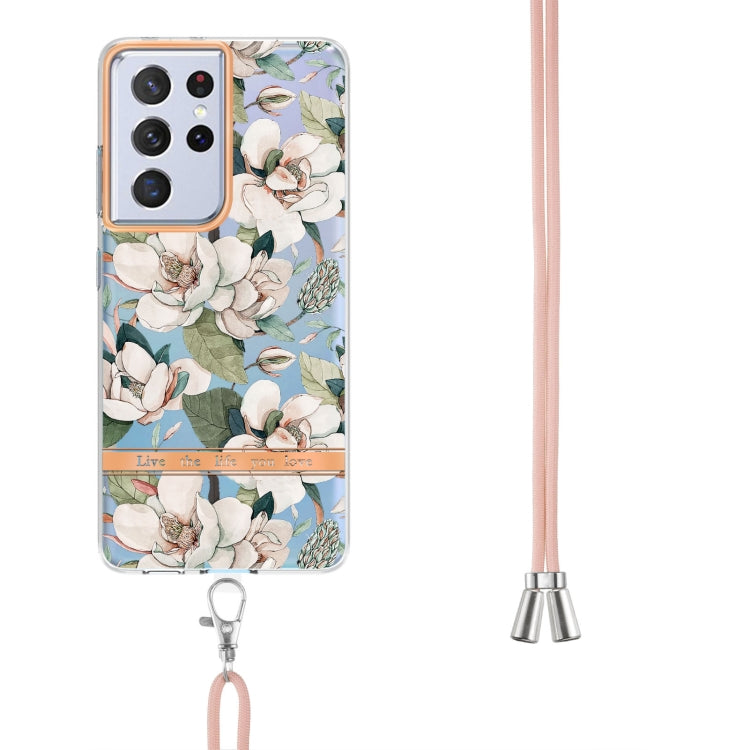 For Samsung Galaxy S21 Ultra 5G Flowers Series TPU Phone Case with Lanyard