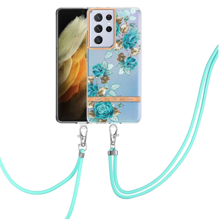 For Samsung Galaxy S21 Ultra 5G Flowers Series TPU Phone Case with Lanyard