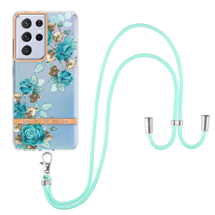 For Samsung Galaxy S21 Ultra 5G Flowers Series TPU Phone Case with Lanyard