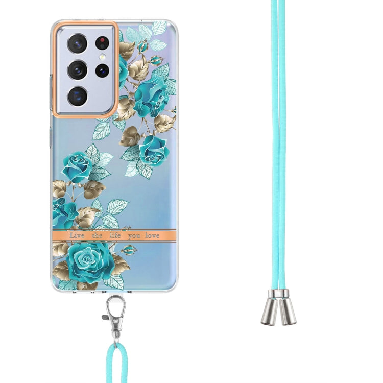 For Samsung Galaxy S21 Ultra 5G Flowers Series TPU Phone Case with Lanyard