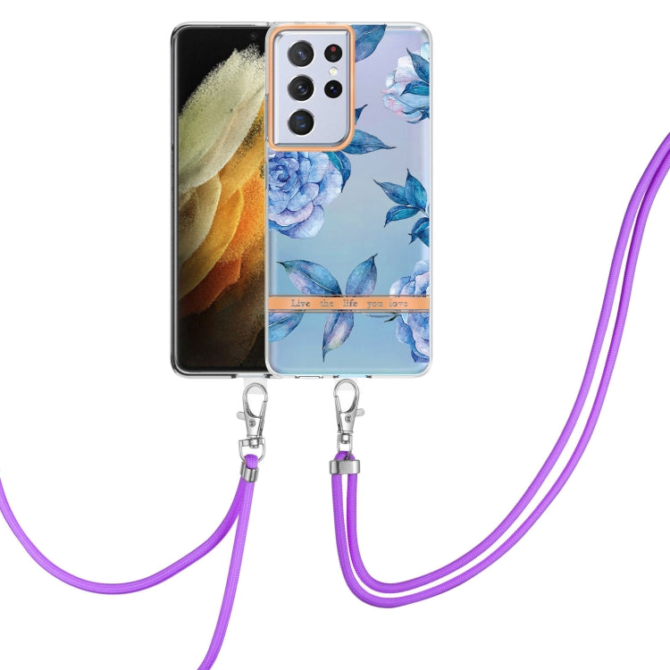 For Samsung Galaxy S21 Ultra 5G Flowers Series TPU Phone Case with Lanyard