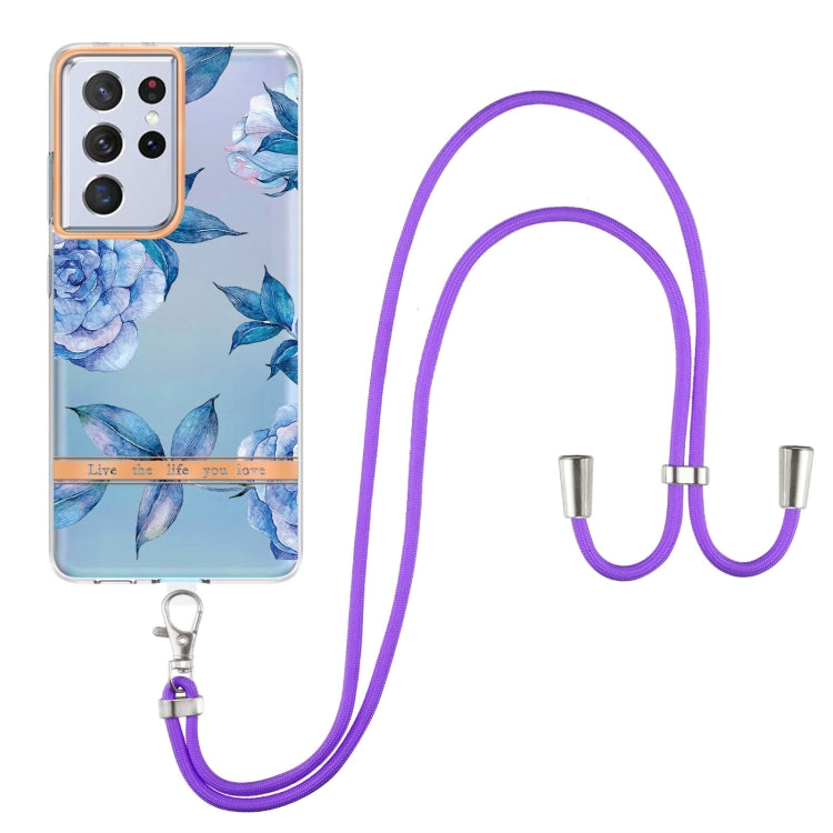 For Samsung Galaxy S21 Ultra 5G Flowers Series TPU Phone Case with Lanyard