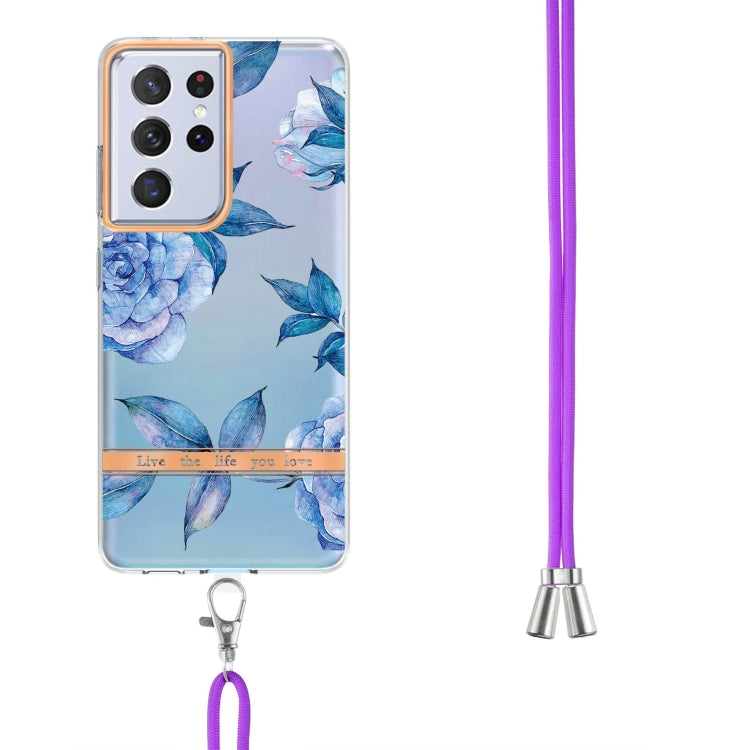 For Samsung Galaxy S21 Ultra 5G Flowers Series TPU Phone Case with Lanyard