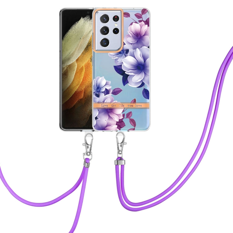 For Samsung Galaxy S21 Ultra 5G Flowers Series TPU Phone Case with Lanyard