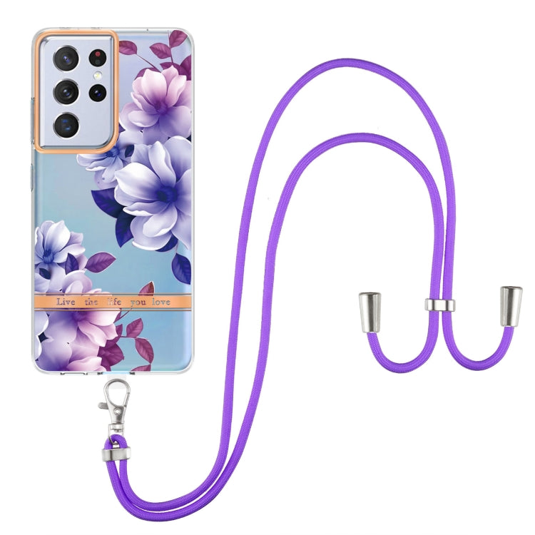 For Samsung Galaxy S21 Ultra 5G Flowers Series TPU Phone Case with Lanyard