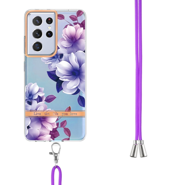 For Samsung Galaxy S21 Ultra 5G Flowers Series TPU Phone Case with Lanyard