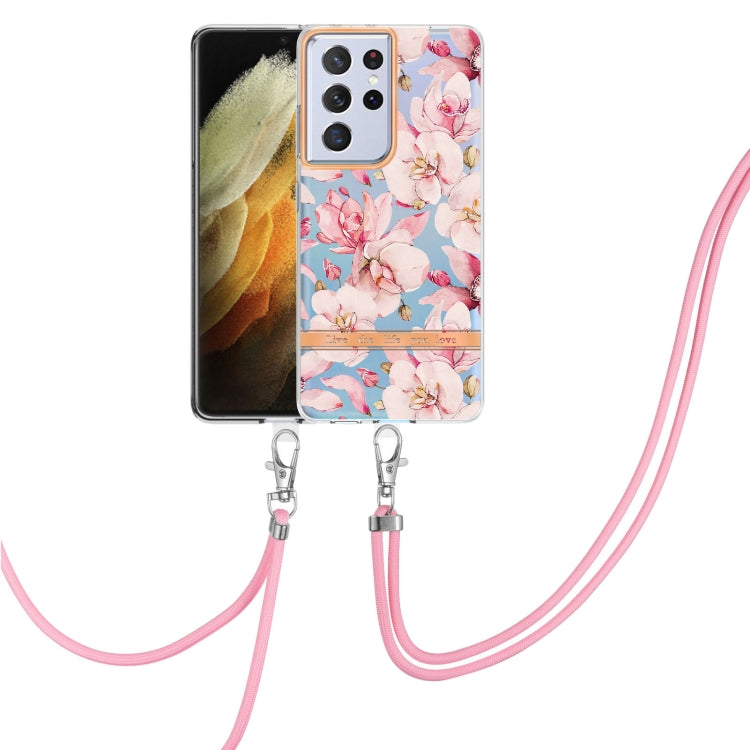 For Samsung Galaxy S21 Ultra 5G Flowers Series TPU Phone Case with Lanyard