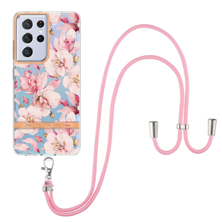 For Samsung Galaxy S21 Ultra 5G Flowers Series TPU Phone Case with Lanyard