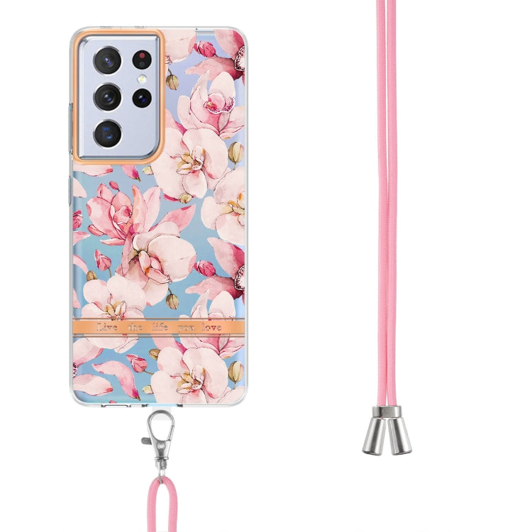 For Samsung Galaxy S21 Ultra 5G Flowers Series TPU Phone Case with Lanyard