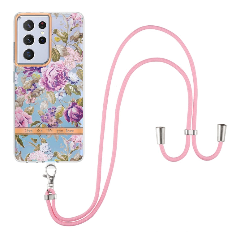 For Samsung Galaxy S21 Ultra 5G Flowers Series TPU Phone Case with Lanyard