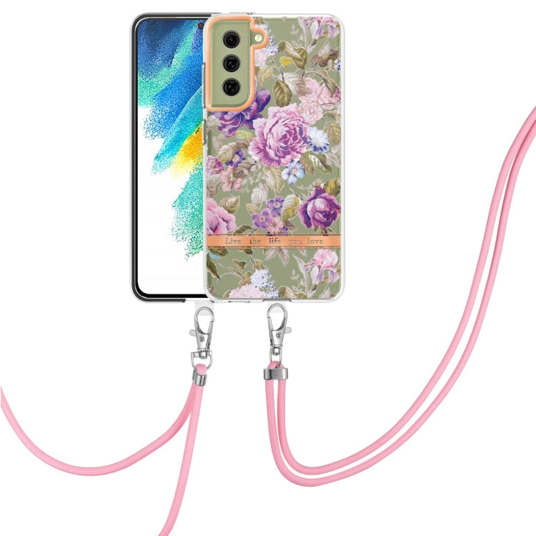 For Samsung Galaxy S21 FE 5G Flowers Series TPU Phone Case with Lanyard