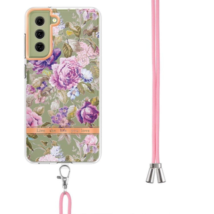 For Samsung Galaxy S21 FE 5G Flowers Series TPU Phone Case with Lanyard