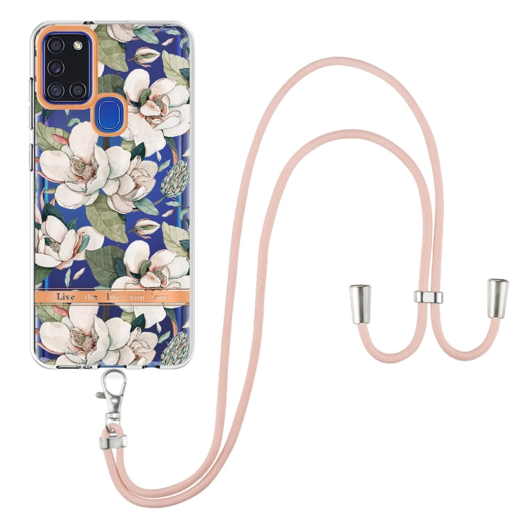 For Samsung Galaxy A21s Flowers Series TPU Phone Case with Lanyard