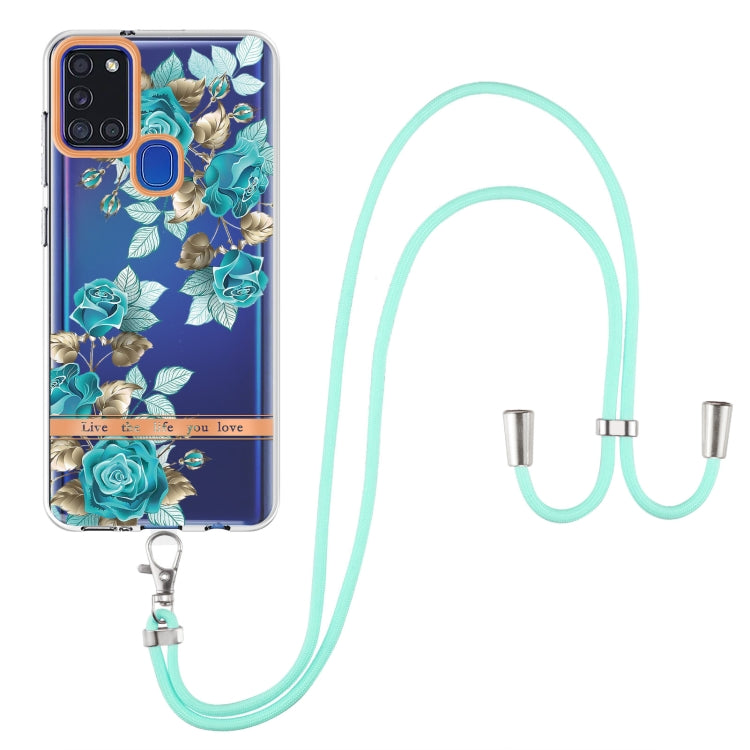 For Samsung Galaxy A21s Flowers Series TPU Phone Case with Lanyard