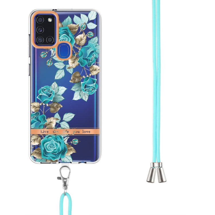 For Samsung Galaxy A21s Flowers Series TPU Phone Case with Lanyard