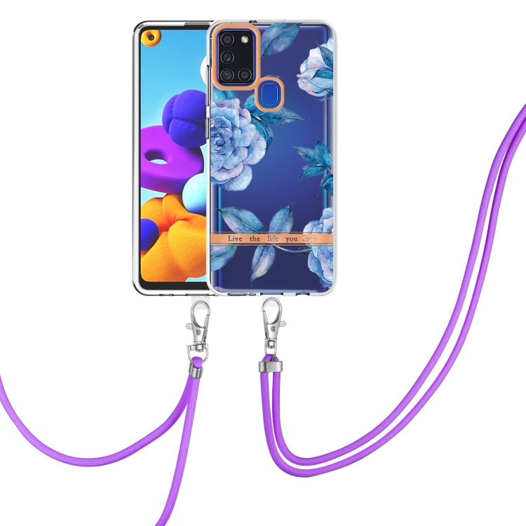 For Samsung Galaxy A21s Flowers Series TPU Phone Case with Lanyard