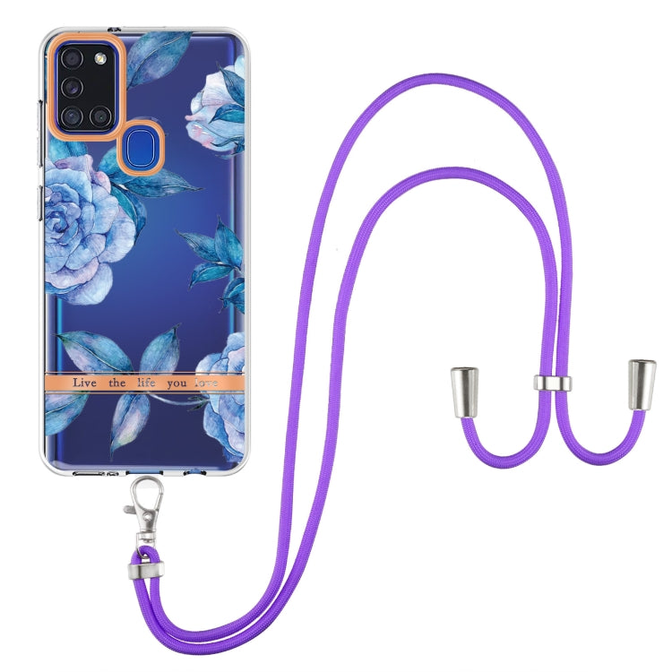 For Samsung Galaxy A21s Flowers Series TPU Phone Case with Lanyard