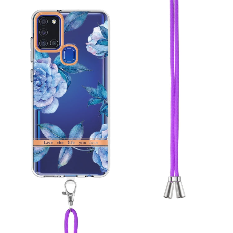 For Samsung Galaxy A21s Flowers Series TPU Phone Case with Lanyard
