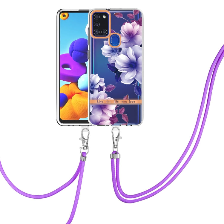 For Samsung Galaxy A21s Flowers Series TPU Phone Case with Lanyard