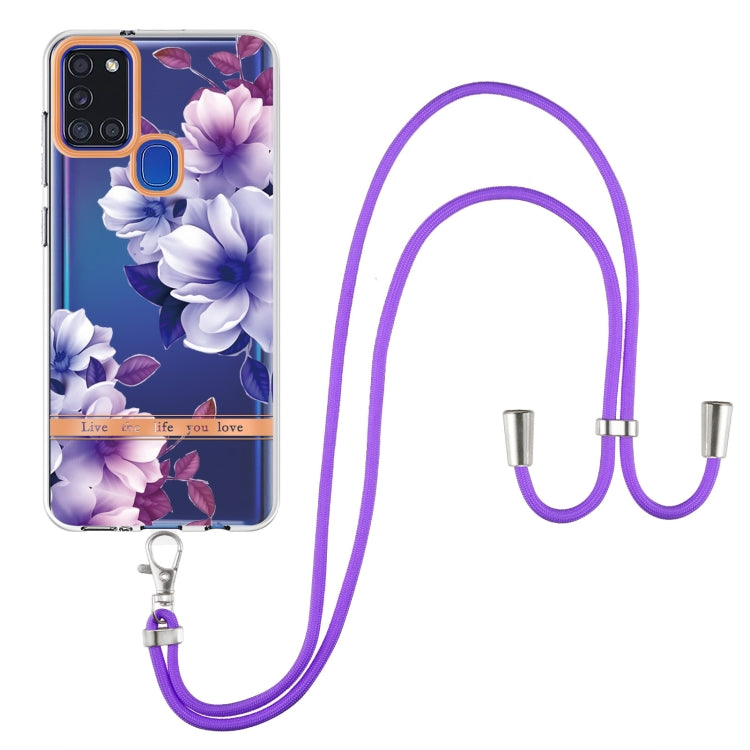 For Samsung Galaxy A21s Flowers Series TPU Phone Case with Lanyard