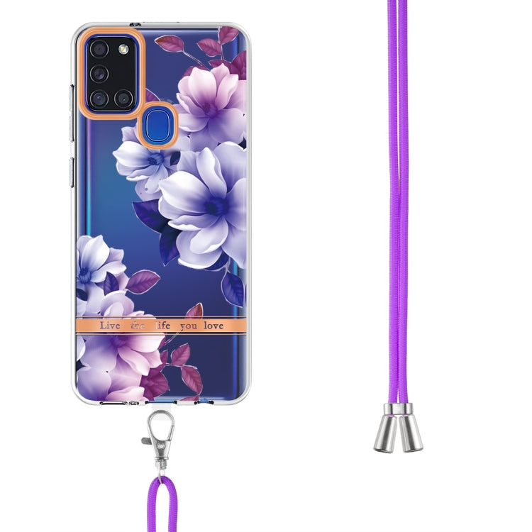 For Samsung Galaxy A21s Flowers Series TPU Phone Case with Lanyard