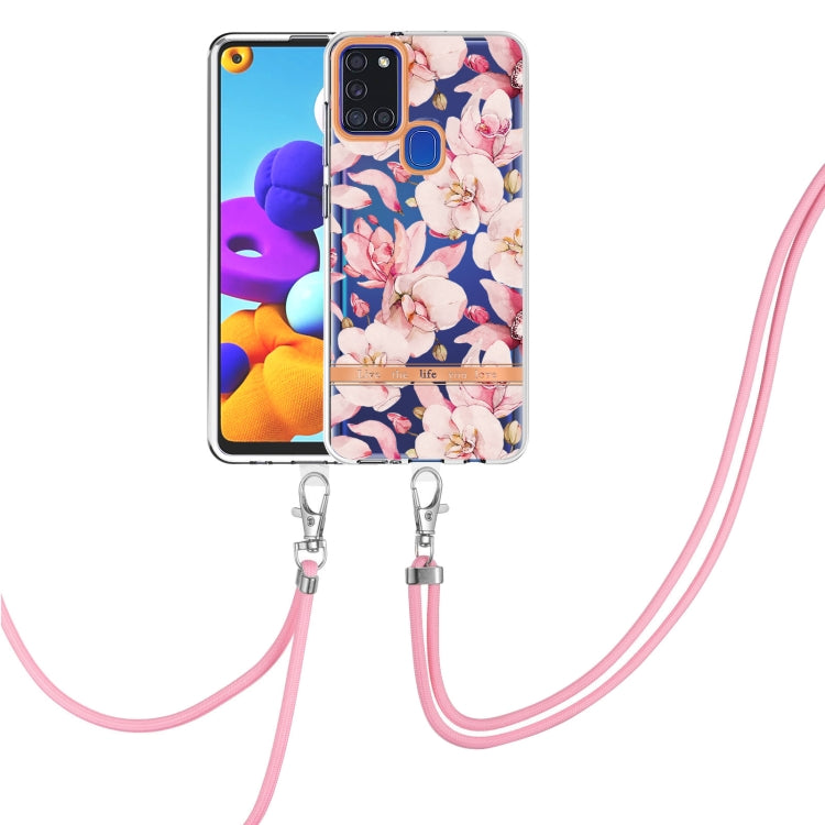 For Samsung Galaxy A21s Flowers Series TPU Phone Case with Lanyard