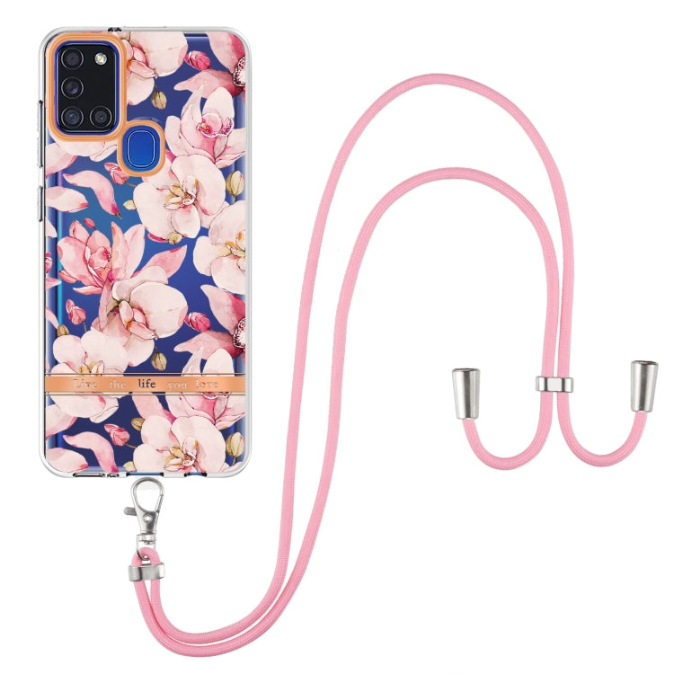 For Samsung Galaxy A21s Flowers Series TPU Phone Case with Lanyard