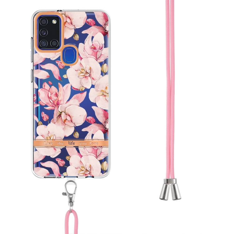 For Samsung Galaxy A21s Flowers Series TPU Phone Case with Lanyard