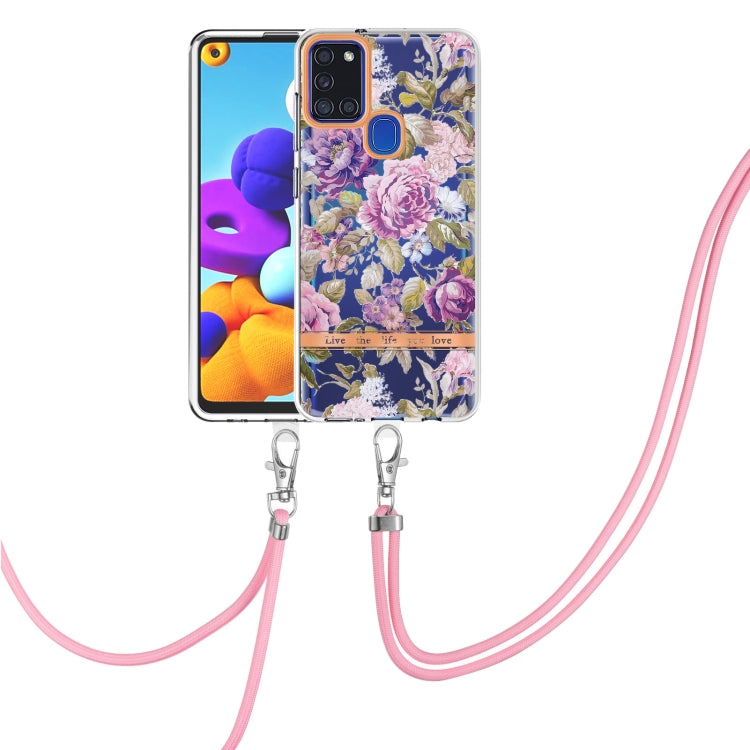 For Samsung Galaxy A21s Flowers Series TPU Phone Case with Lanyard