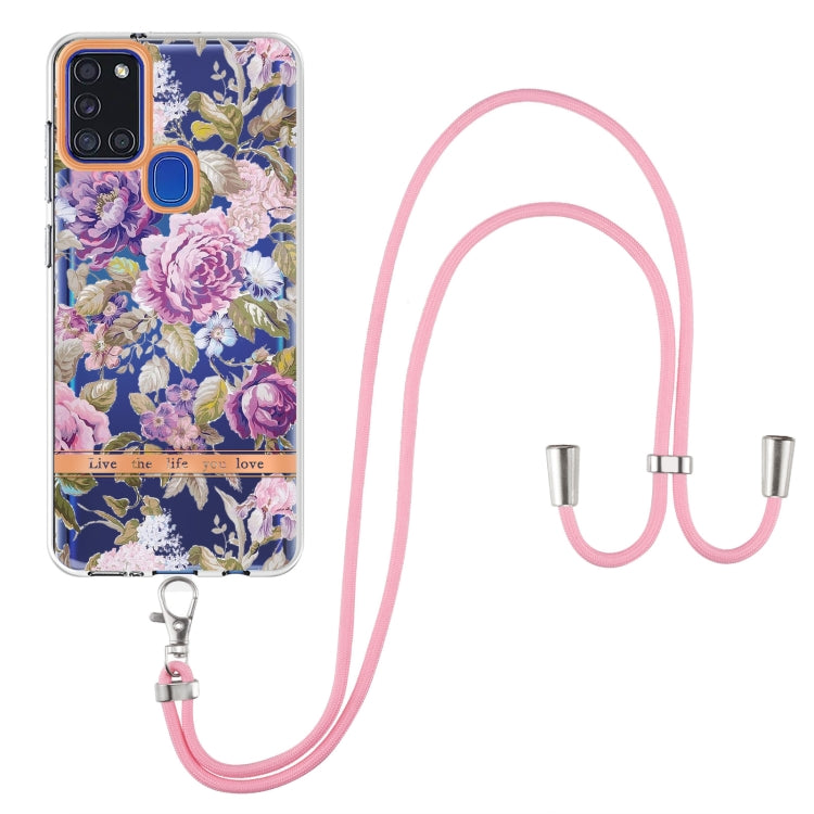 For Samsung Galaxy A21s Flowers Series TPU Phone Case with Lanyard