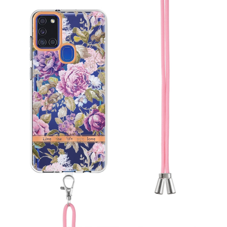 For Samsung Galaxy A21s Flowers Series TPU Phone Case with Lanyard