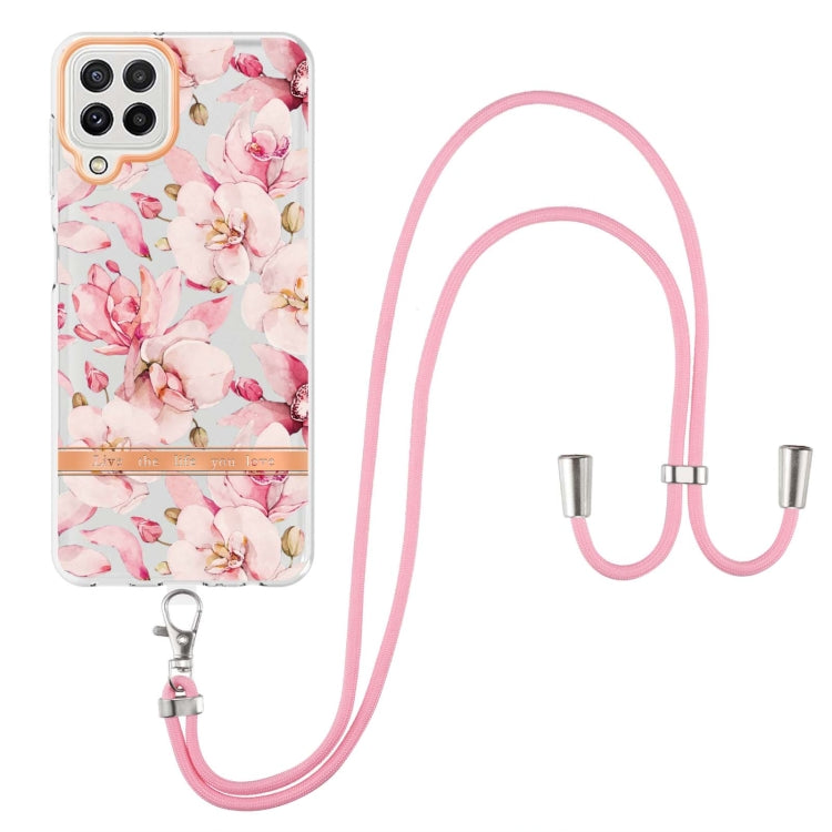 For Samsung Galaxy A22 4G / M32 Global Flowers Series TPU Phone Case with Lanyard