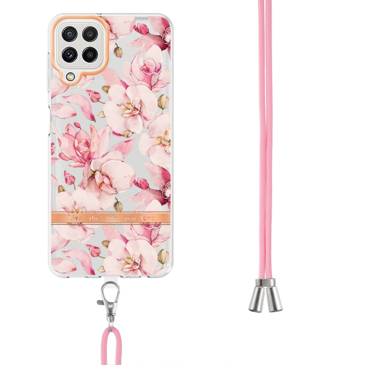 For Samsung Galaxy A22 4G / M32 Global Flowers Series TPU Phone Case with Lanyard