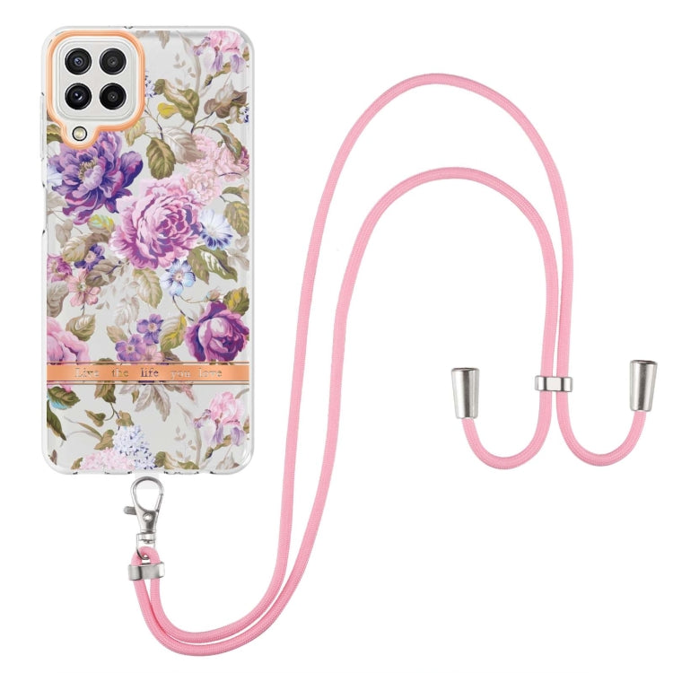 For Samsung Galaxy A22 4G / M32 Global Flowers Series TPU Phone Case with Lanyard