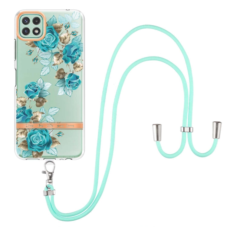 For Samsung Galaxy A22 5G Flowers Series TPU Phone Case with Lanyard