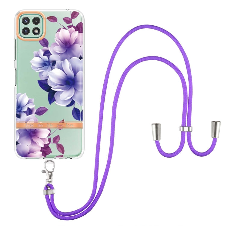 For Samsung Galaxy A22 5G Flowers Series TPU Phone Case with Lanyard
