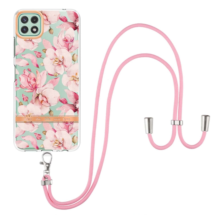 For Samsung Galaxy A22 5G Flowers Series TPU Phone Case with Lanyard