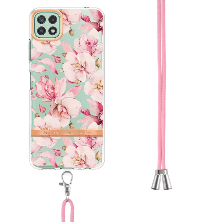 For Samsung Galaxy A22 5G Flowers Series TPU Phone Case with Lanyard