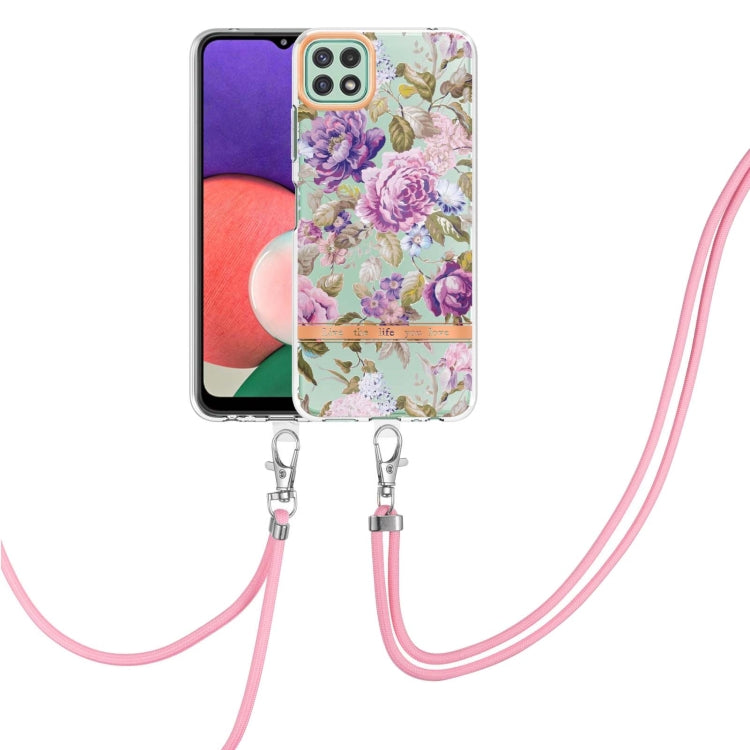 For Samsung Galaxy A22 5G Flowers Series TPU Phone Case with Lanyard