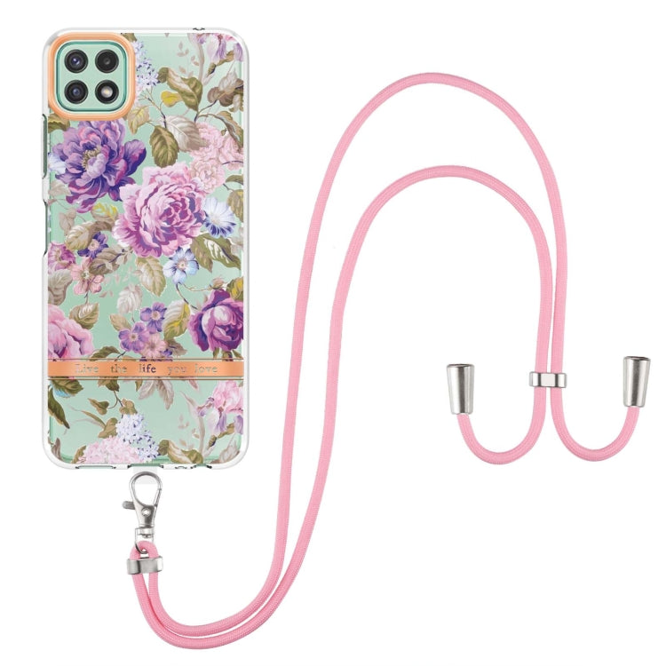 For Samsung Galaxy A22 5G Flowers Series TPU Phone Case with Lanyard