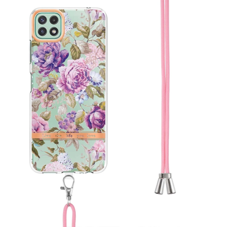 For Samsung Galaxy A22 5G Flowers Series TPU Phone Case with Lanyard