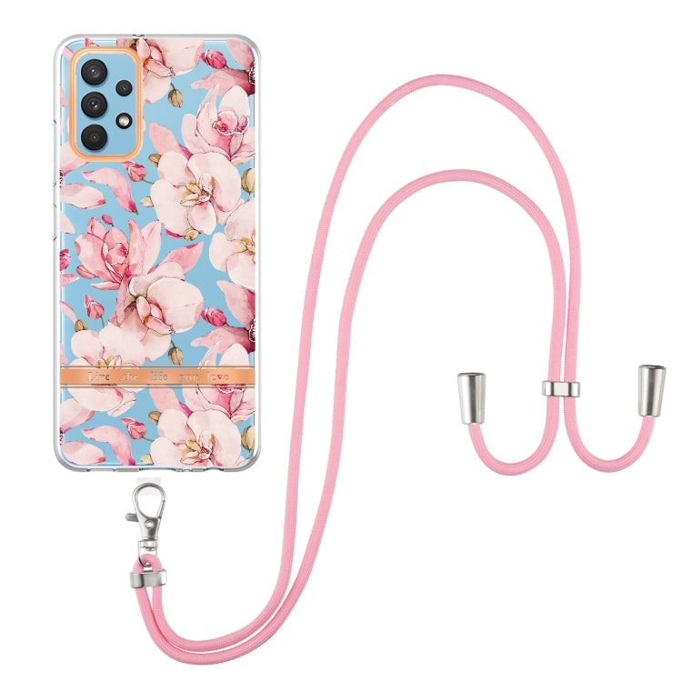 For Samsung Galaxy A32 4G Flowers Series TPU Phone Case with Lanyard