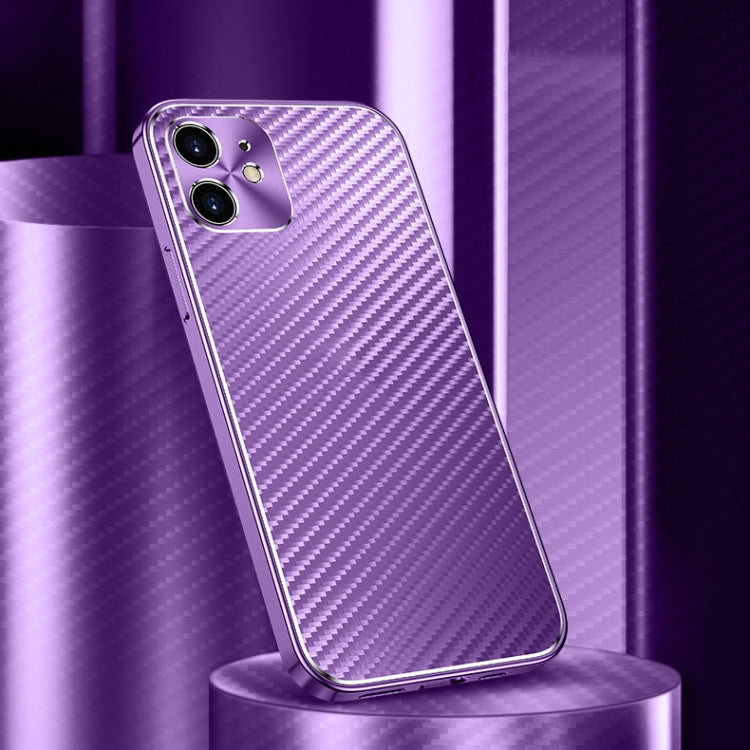 For iPhone 12 Metal Frame Carbon Fiber Phone Case(Purple)