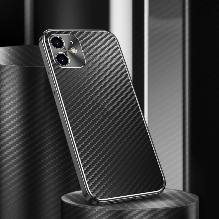 For iPhone 11 Metal Frame Carbon Fiber Phone Case (Black)