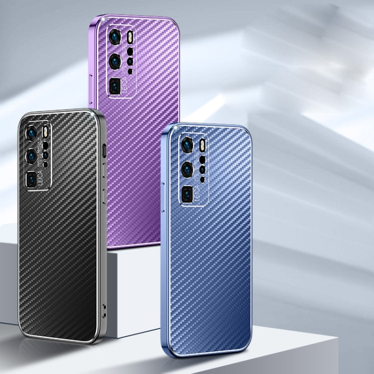 For Huawei P40 Metal Frame Carbon Fiber Phone Case(Blue)