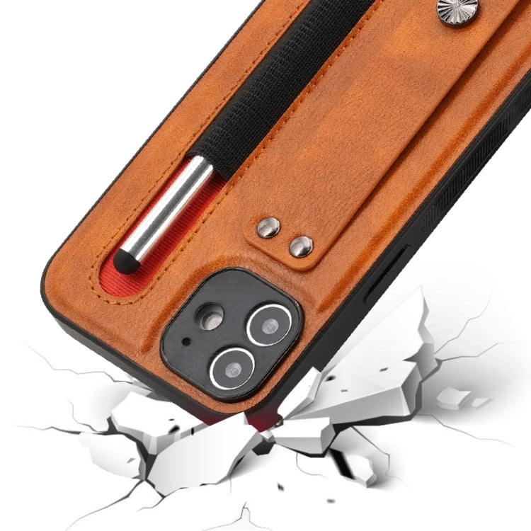 For iPhone 12 Leather Belt Shockproof Protective Phone Case with Touch Screen Pen & Holder